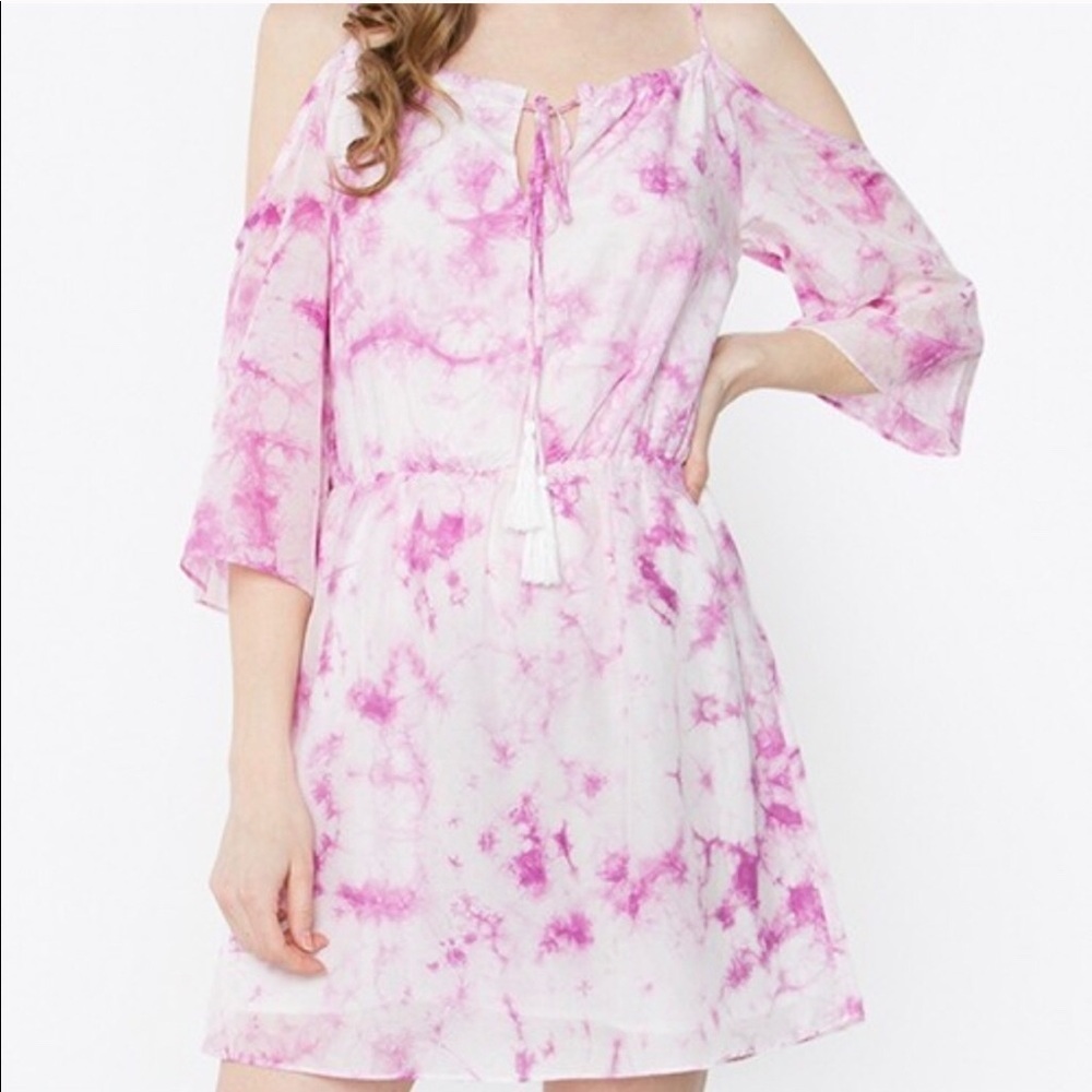 New! Clearance 🔥 Pink Cold Shoulder Tie Dye mid Elastic Dress - Picture 3 of 8